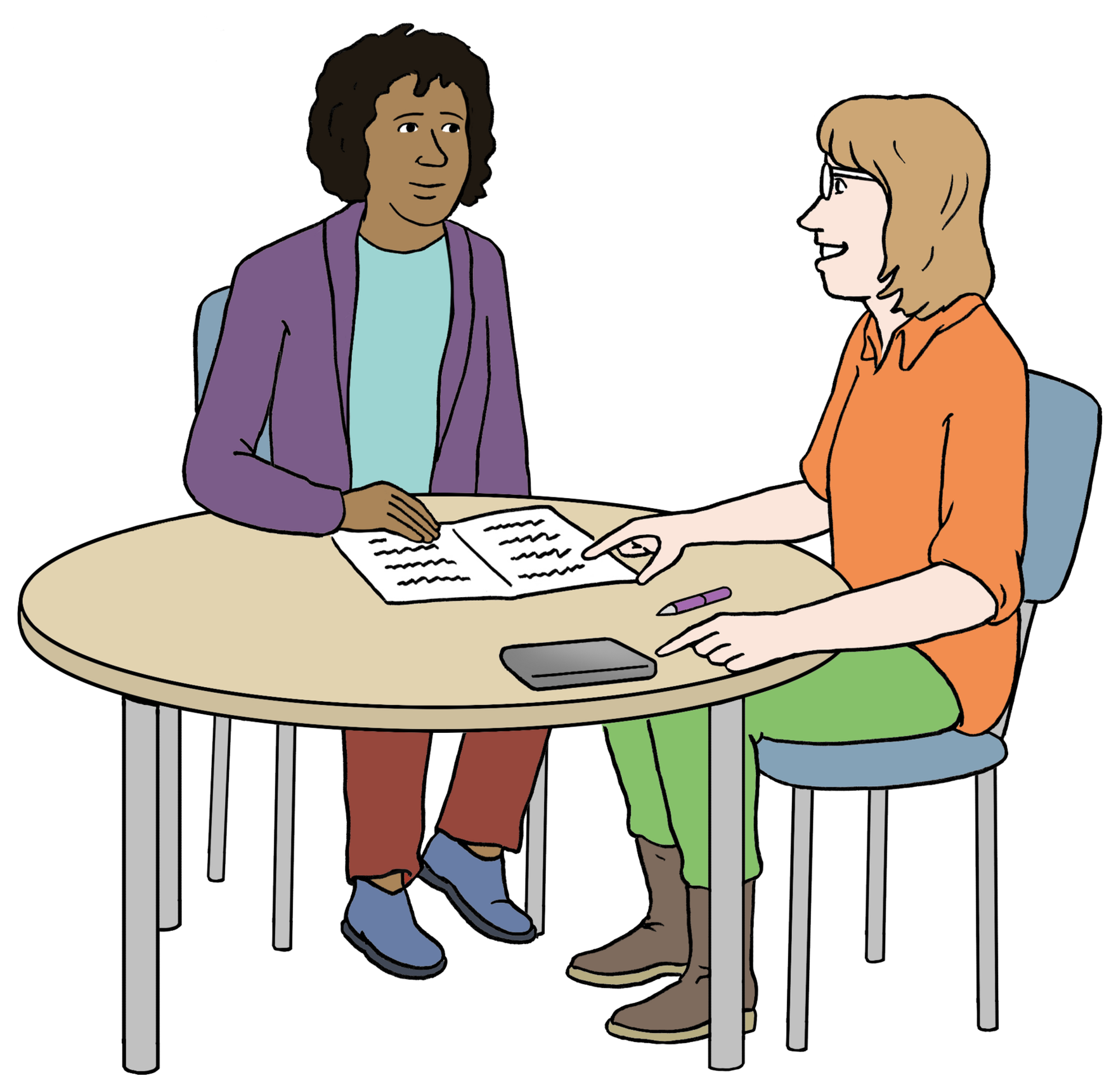 Grafik: Zwei Frauen sitzen am Tisch und sprechen miteinander