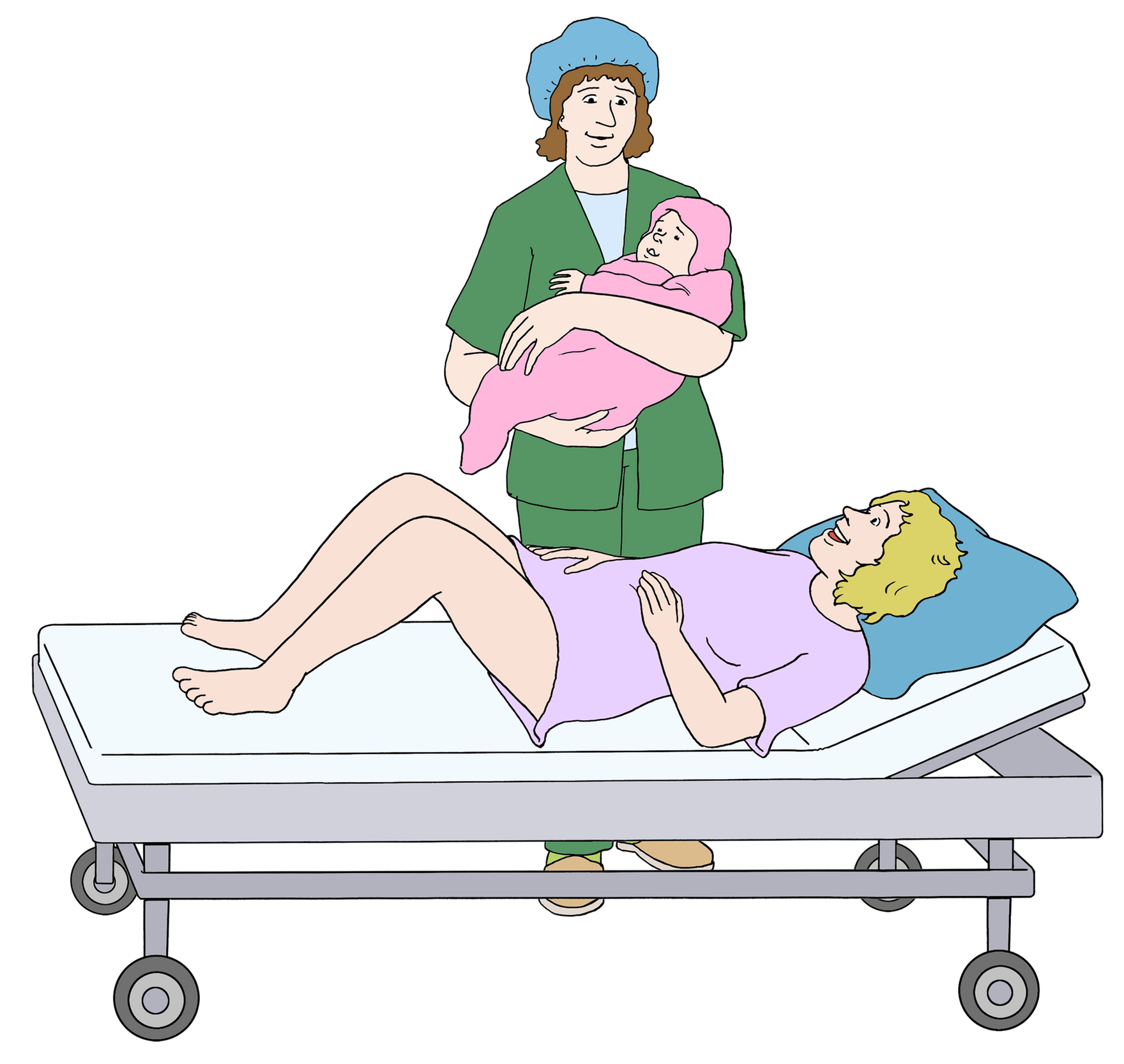 Grafik: Frau kurz nach der Geburt, Hebamme hält das Baby im Arm