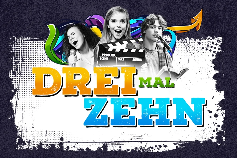 Mädchen und Junge mit Mikrofon, Schrift Drei mal Zehn