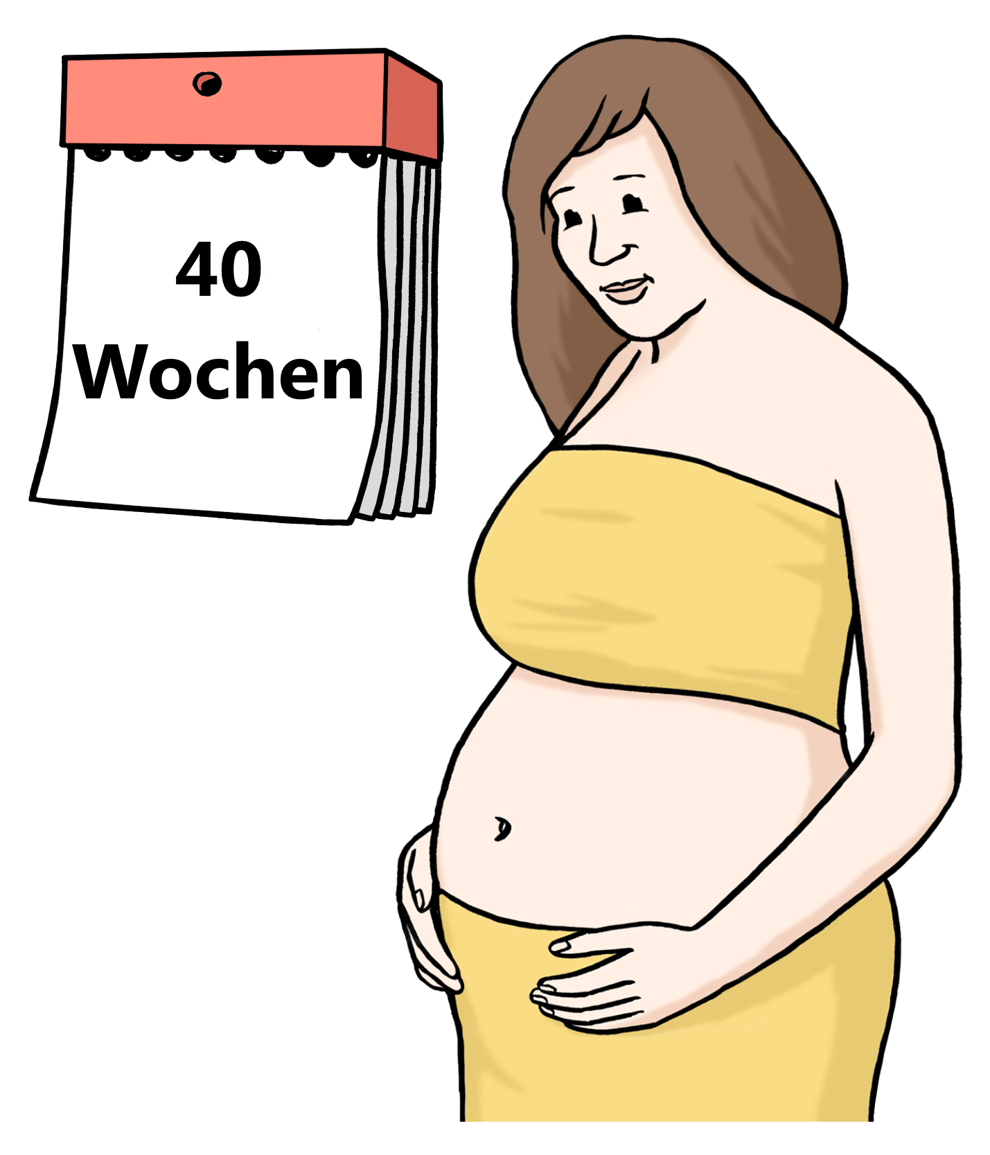 Grafik: Schwangere Frau, daneben Abbildung eines Kalenderblatts mit der Ziffer 40 darauf