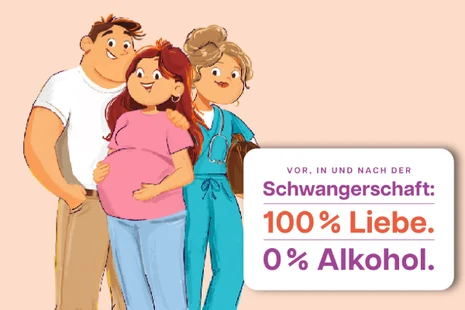 Eine schwangere Frau steht zwischen zwischen einem Mann und einer Hebamme. Rechts steht ein Schild mit der Aufschrift: »Vor, in und nach der Schwangerschaft: 100 % Liebe. 0 % Alkohol.«