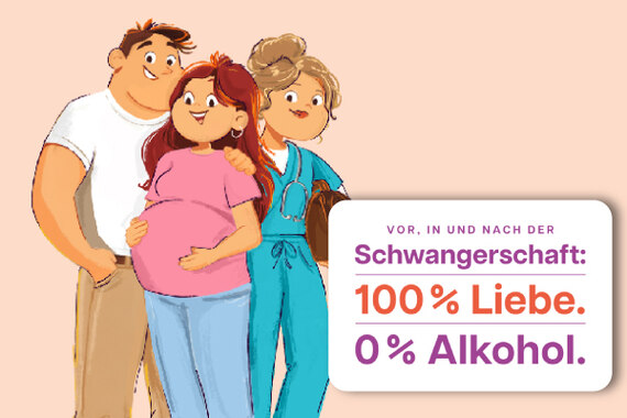 Eine schwangere Frau steht zwischen zwischen einem Mann und einer Hebamme. Rechts steht ein Schild mit der Aufschrift: »Vor, in und nach der Schwangerschaft: 100 % Liebe. 0 % Alkohol.«