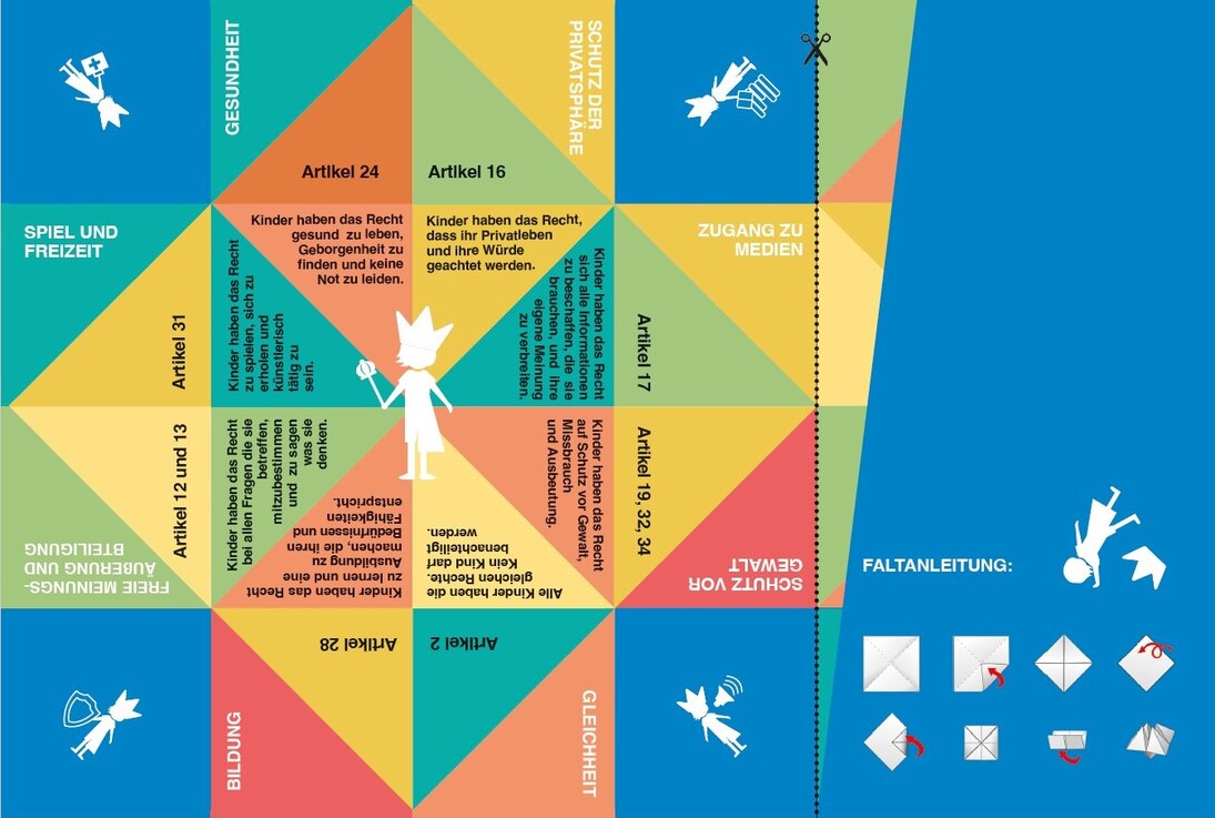 Faltanleitung bestehend aus bunten Dreiecke in denen Kinderrechte kurz erläutert sind