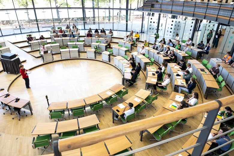 Blick in den Plenarsaal von oben.