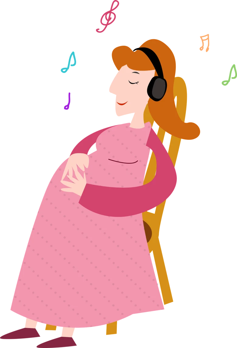 Schwangere Frau mit Kopfhörern, die Musik hört und auf einem Stuhl sitzt.
