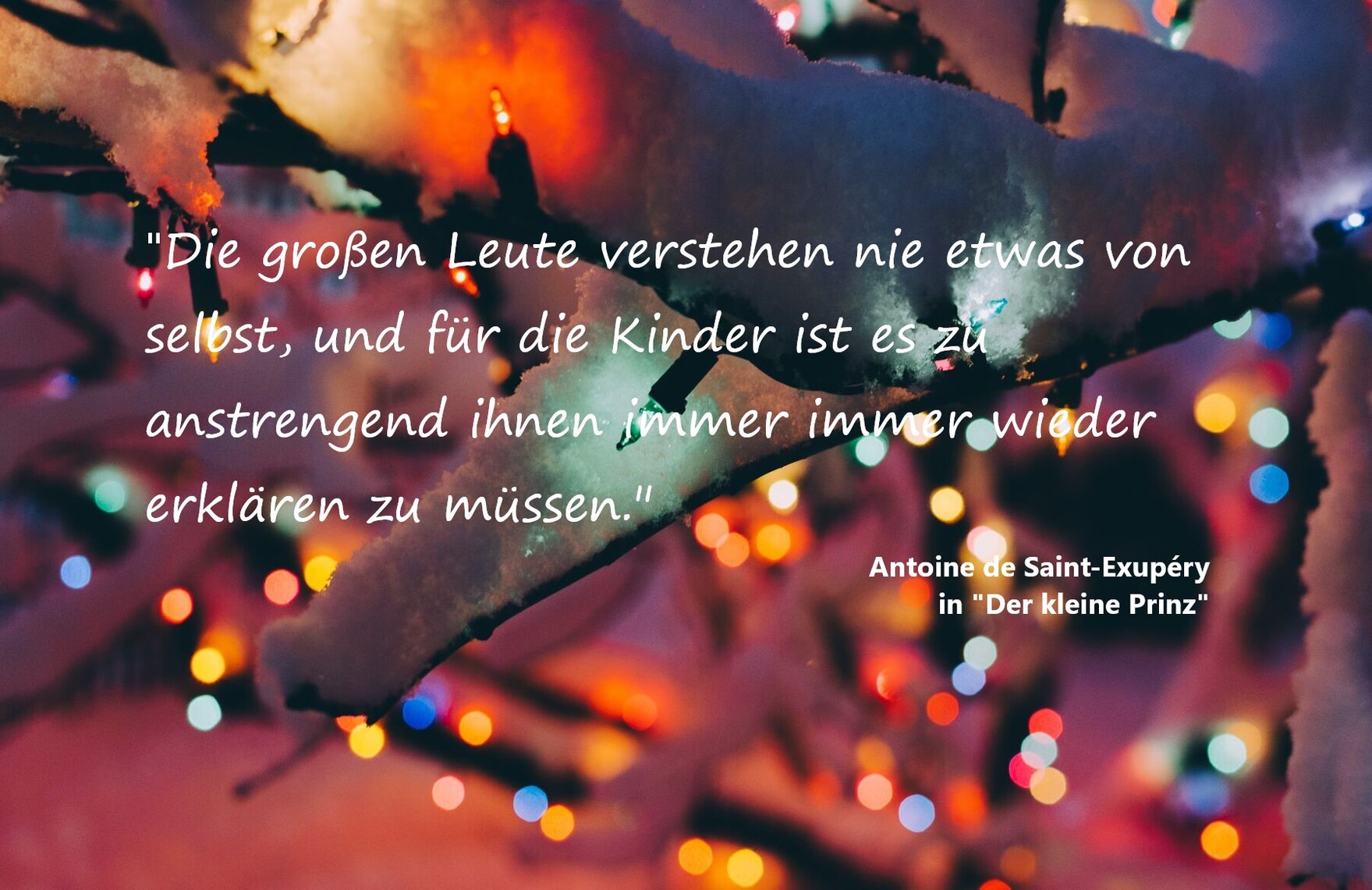 im Hintergrund Punte Punkte auf Schneezweigen. Schrift: »Die großen Leute verstehen nie etwas von selbst, und für die Kinder ist es zu anstrengend ihnen immer immer wieder erklären zu müssen.« Zitat von Antoine de Saint-Exupéry in »Der kleine Prinz«