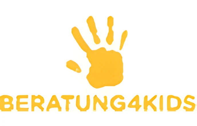 Logo von Beratung4kids in gelber Schrift, gelber Handabdruck