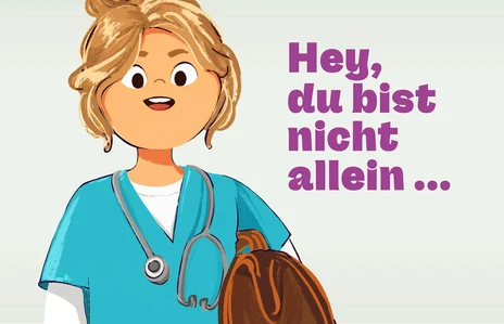 Illustration einer lächelnden weiblichen Hebamme mit Stethoskop und einer braunen Tasche, mit der Aufschrift: »Hey, du bist nicht allein ...«
