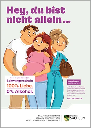 Ein Paar sitzt beratend bei einer medizinischen Fachkraft. Der Plakattext lautet: »Hey, du bist nicht allein! 100% Liebe - 0% Alkohol« sowie Infos zu Beratungsangeboten.