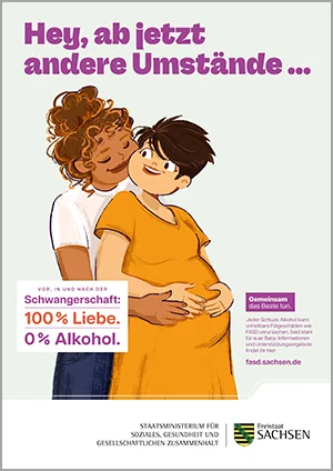 Zwei Frauen blicken sich liebevoll an und halten gemeinsam den schwangeren Bauch. Der Plakattext lautet: »Hey, ab jetzt andere Umstände! 100% Liebe - 0% Alkohol«.