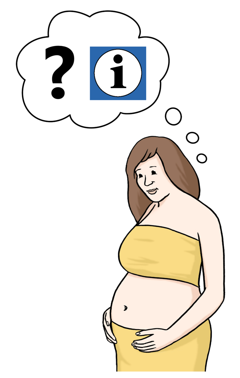 Abbildung einer schwangeren Frau. Über ihr eine Gedankenblase mit Fragezeichen und einem "i" für Information