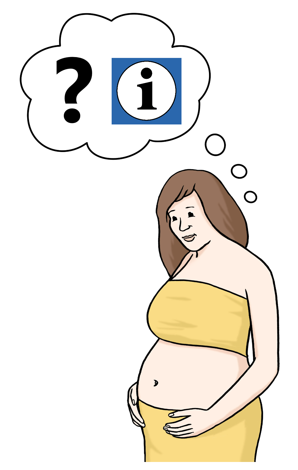 Abbildung einer schwangeren Frau. Über ihr eine Gedankenblase mit Fragezeichen und einem "i" für Information