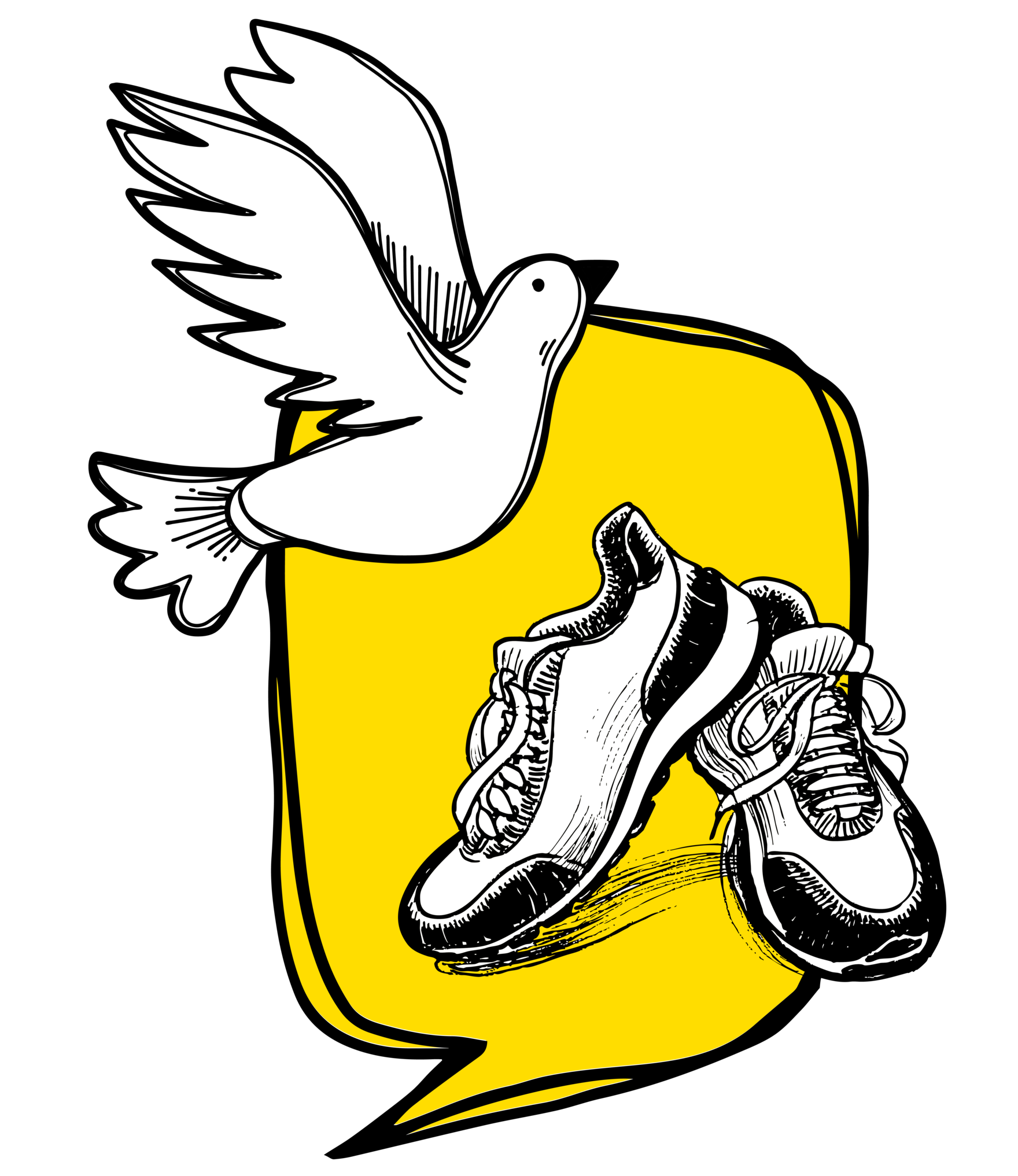 In einer gelben Sprechblase ist eine gezeichnete Friedenstaube und ein Sportschuhe.
