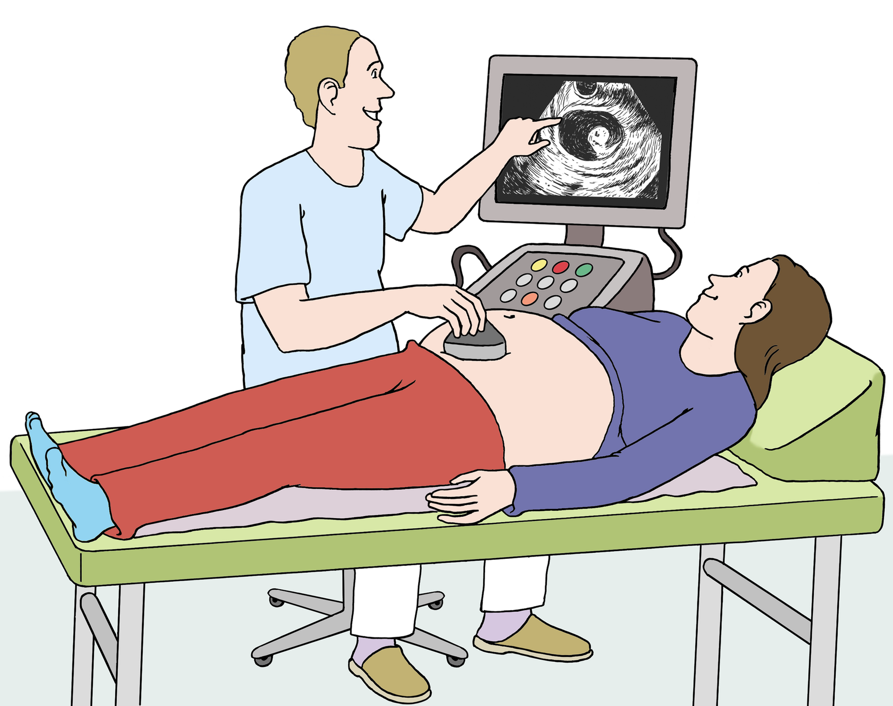 Grafik: Frau liegt beim Frauenarzt auf der Liege, es wird ein Ultraschall durchgeführt