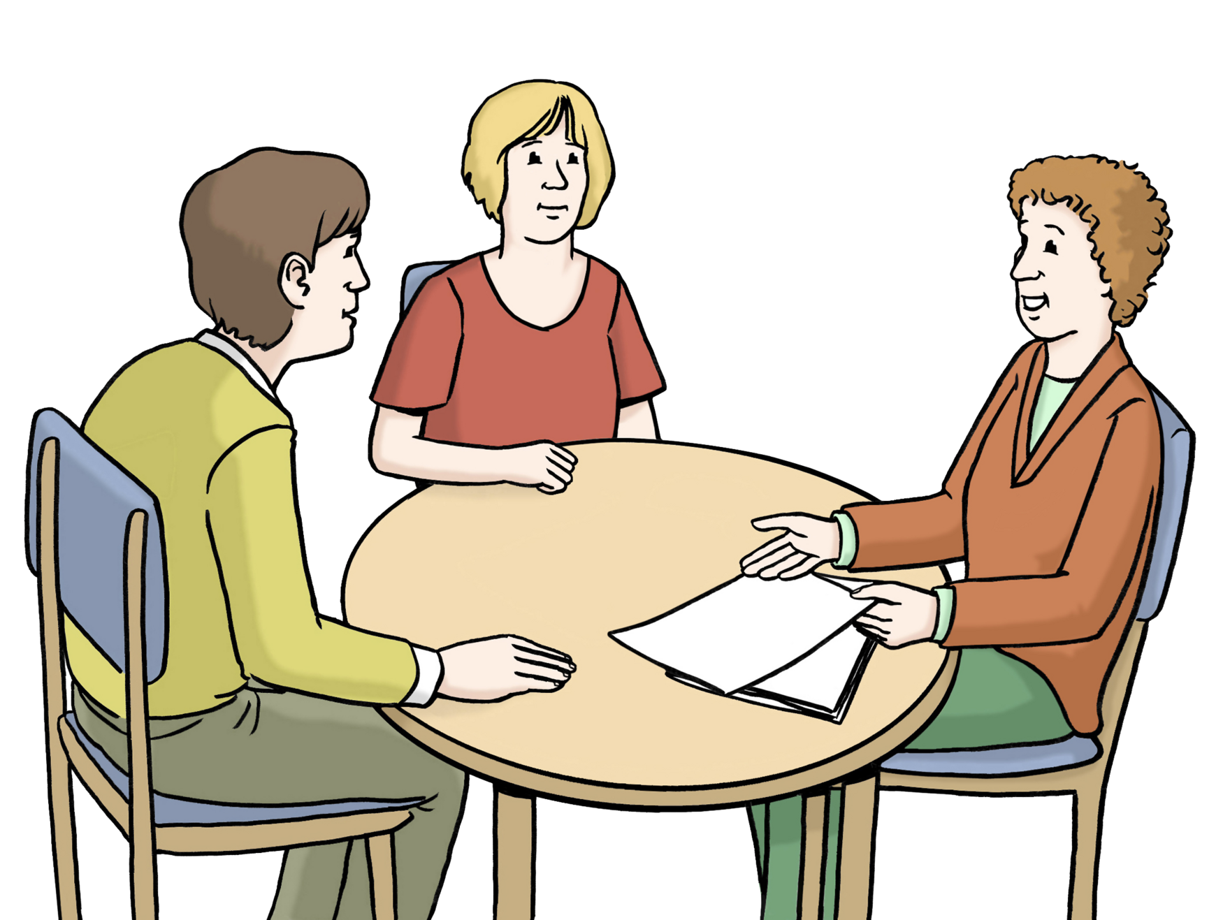 Grafik: 3 Personen sitzen an einem Tisch und sprechen miteinander
