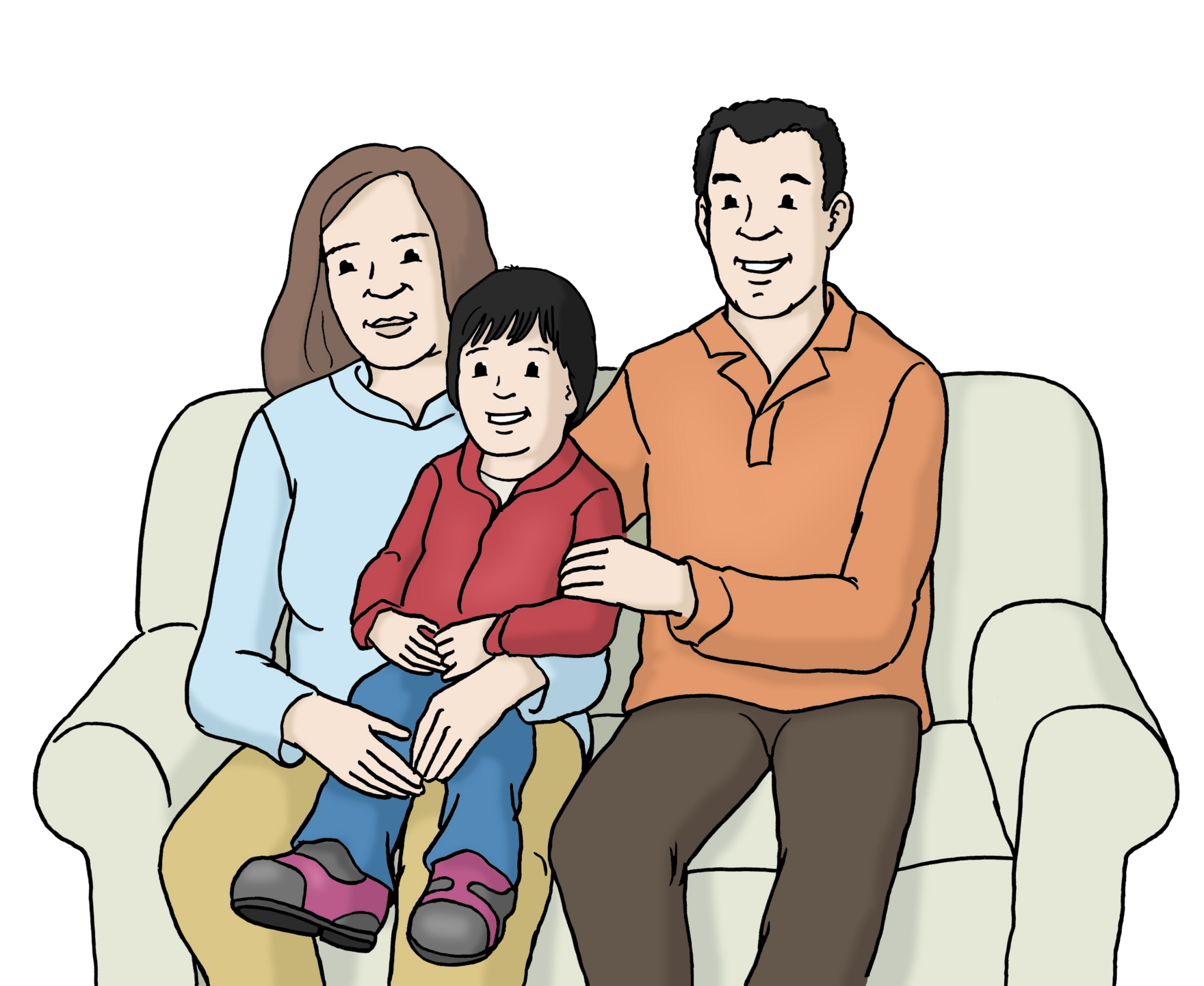 Grafik: Eine Frau und ein Mann sitzen auf dem Sofa. Ein Kleinkind sitzt auf den Beinen der Frau