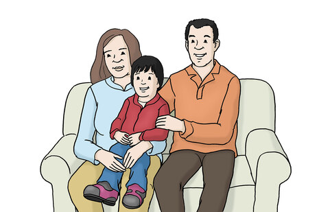 Grafik: Mann und Frau sitzen auf einer Couch. Auf den Beinen sitzt ein adoptiertes Kind