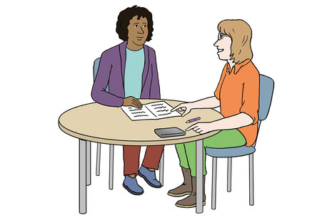 Grafik: Zwei Frauen sitzen an einem Tisch und sprechen miteinander