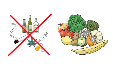 Grafik: Durchgestrichene Abbildungen von Zigaretten, Alkohol und Drogen. Daneben frisches Obst und Gemüse