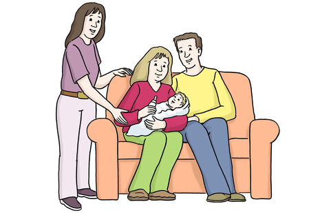Grafik: Eltern und Baby sitzen auf einem Sofa. Daneben steht unterstützend eine Frau