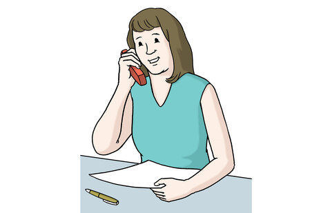 Grafik: Eine Frau sitzt am Tisch, hält einen Zettel in der Hand und telefoniert.
