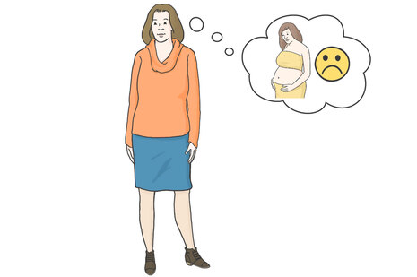 Grafik: Frau mit Gedankenblase: Darin ist sie schwanger abgebildet und daneben ein trauriges Smiley.