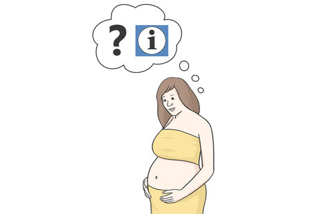 Grafik: Schwangere Frau mit Gedankenblase. Darin ein Fragezeichen und ein "I" für "Information"