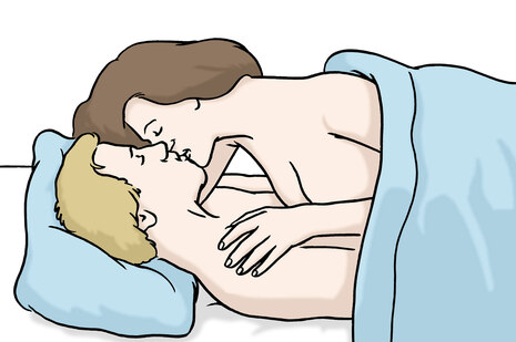 Grafik: Mann und Frau liegen im Bett und küssen sich