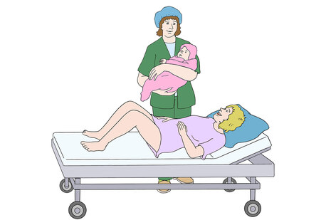 Grafik: FFrau liegt auf der Liege. Eine Hebamme hält ein Neugeborenes im Arm.