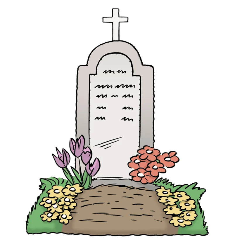 Grafik: Grabstein mit gepflanzten Blumen