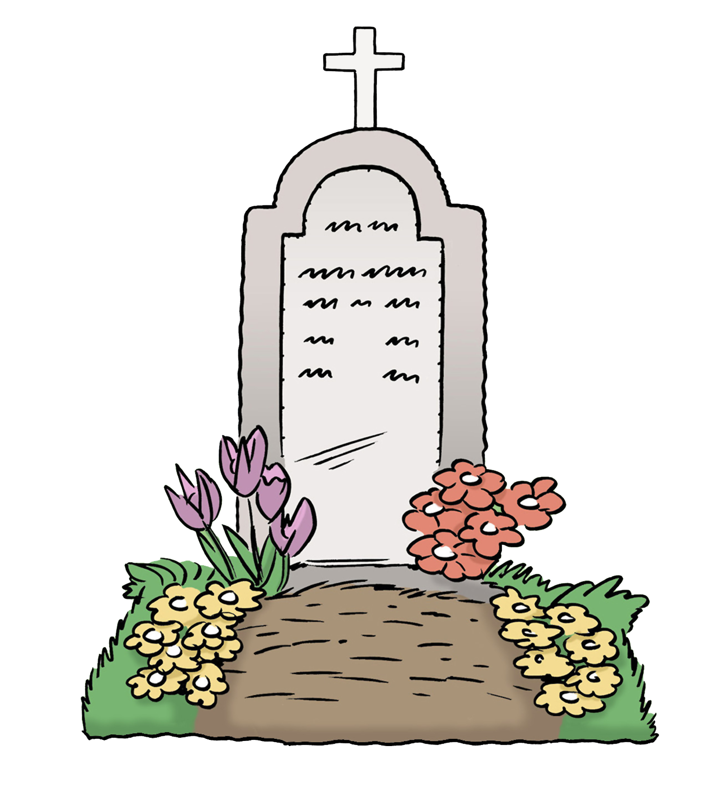 Grafik: Grabstein mit gepflanzten Blumen