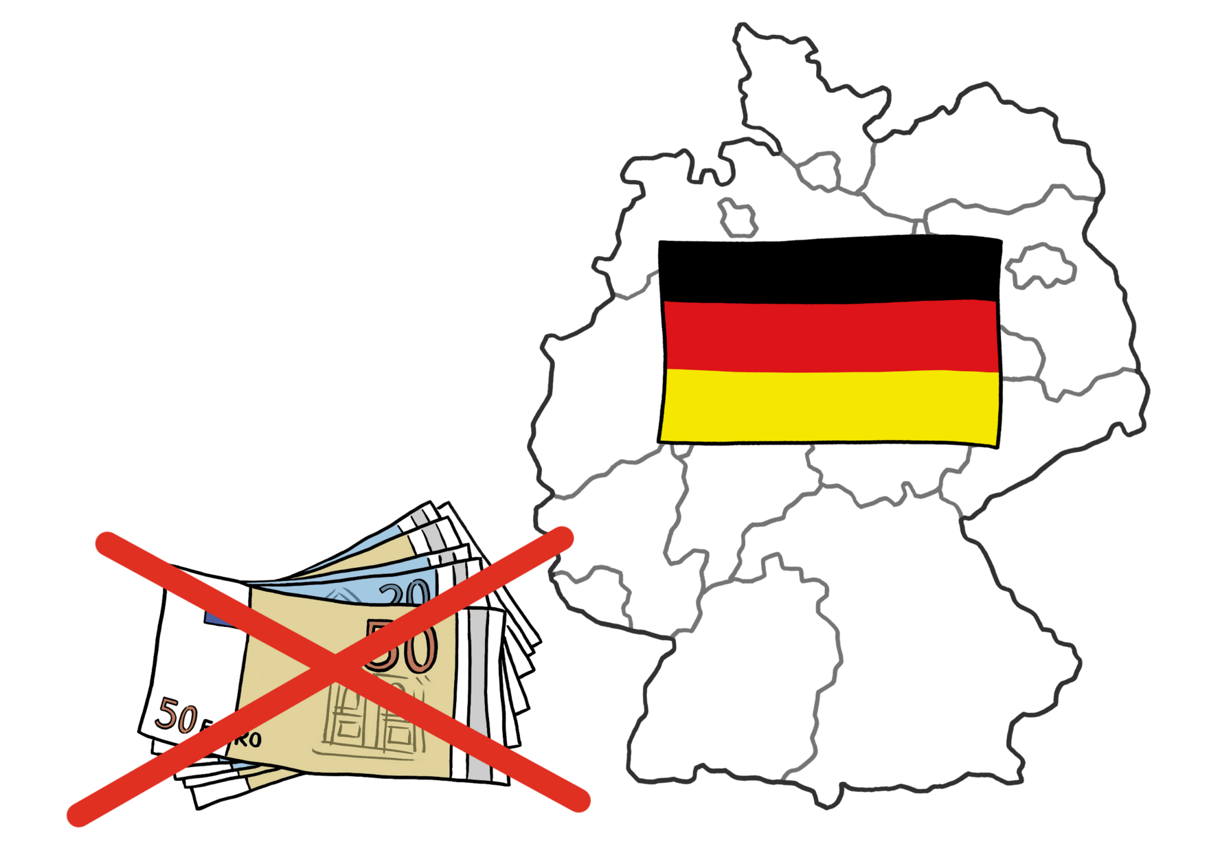 Grafik: Deutschlandkarte, darauf eine deutsche Flagge, daneben durchgestrichene Geldscheine