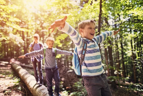 Drei Kinder laufen mit ausgestreckten Armen fröhlich über einen Baumstamm im Wald.