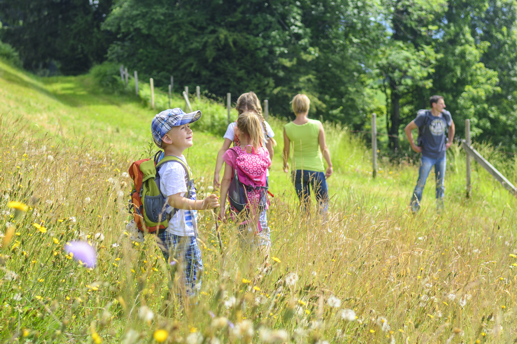 Familie wandert über eine Wiese.