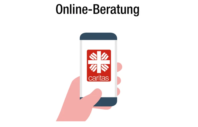 Online-Beratungsangebot der Caritas, dargestellt durch eine Hand, die ein Handy hält, auf dem das Caritas-Logo erscheint