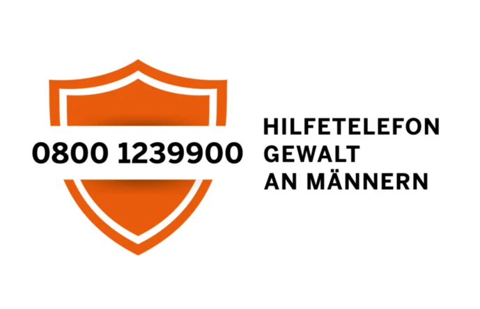 Logo des Hilfetelefons bei Gewalt an Männern. Daneben steht die Telefonnummer 0800 1239900