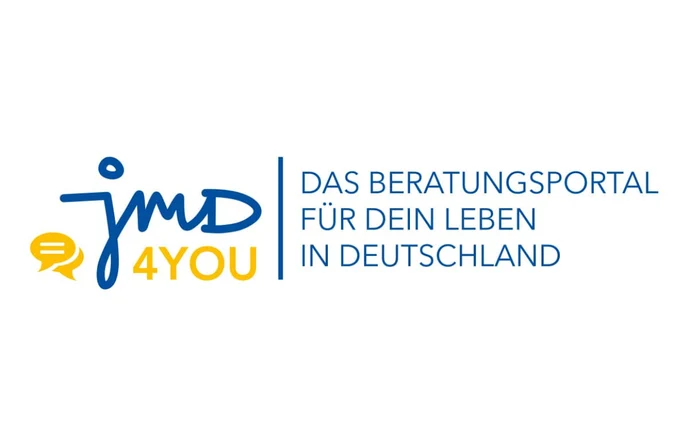 Logo von jmd4you, daneben steht »Das Beratungsportal für den Leben in Deutschland«