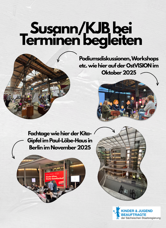 4 Bilder, bei denen FSJlerin Kinder- und Jugendbeauftragte begleiten konnte. Daneben der Text: Podiumsdiskussionen, Workshops etc. wie hier auf der OstVISION im Oktober 2025 und Fachtage wie hier der Kita-Gipfel im Paul-Löbe-Haus in Berlin im November 202