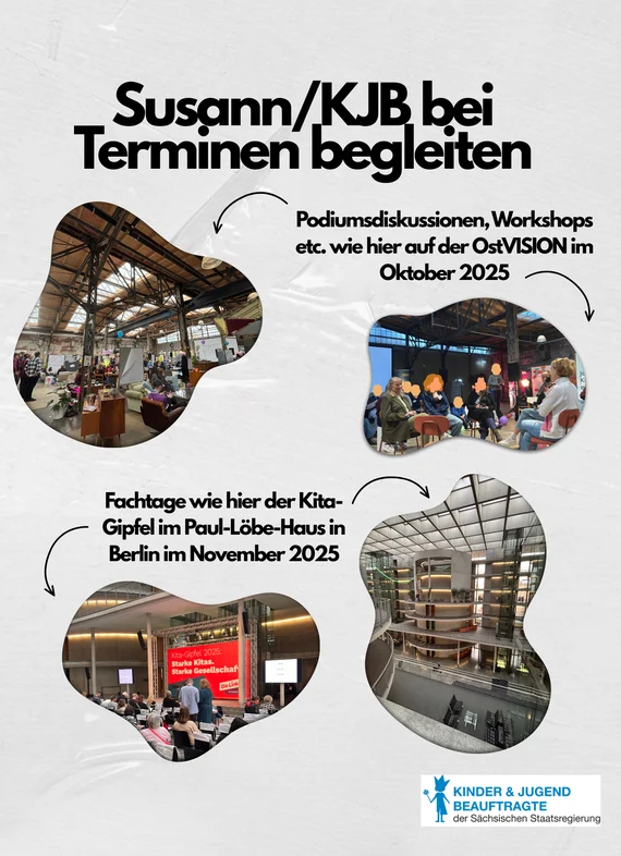 4 Bilder, bei denen FSJlerin Kinder- und Jugendbeauftragte begleiten konnte. Daneben der Text: Podiumsdiskussionen, Workshops etc. wie hier auf der OstVISION im Oktober 2025 und Fachtage wie hier der Kita-Gipfel im Paul-Löbe-Haus in Berlin im November 202