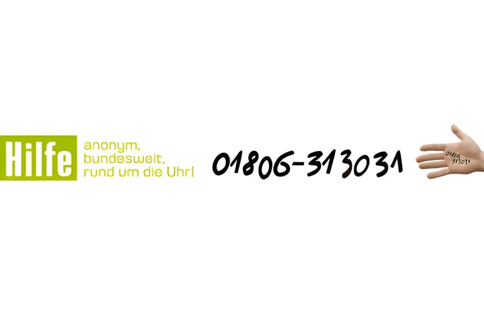 Logo der Sucht- und Drogenhotline. Es steht in grüner Schrift Hilfe: anonym, bundesweit, rund um die Uhr! Daneben steht die Telefonnummer: 01806-313031