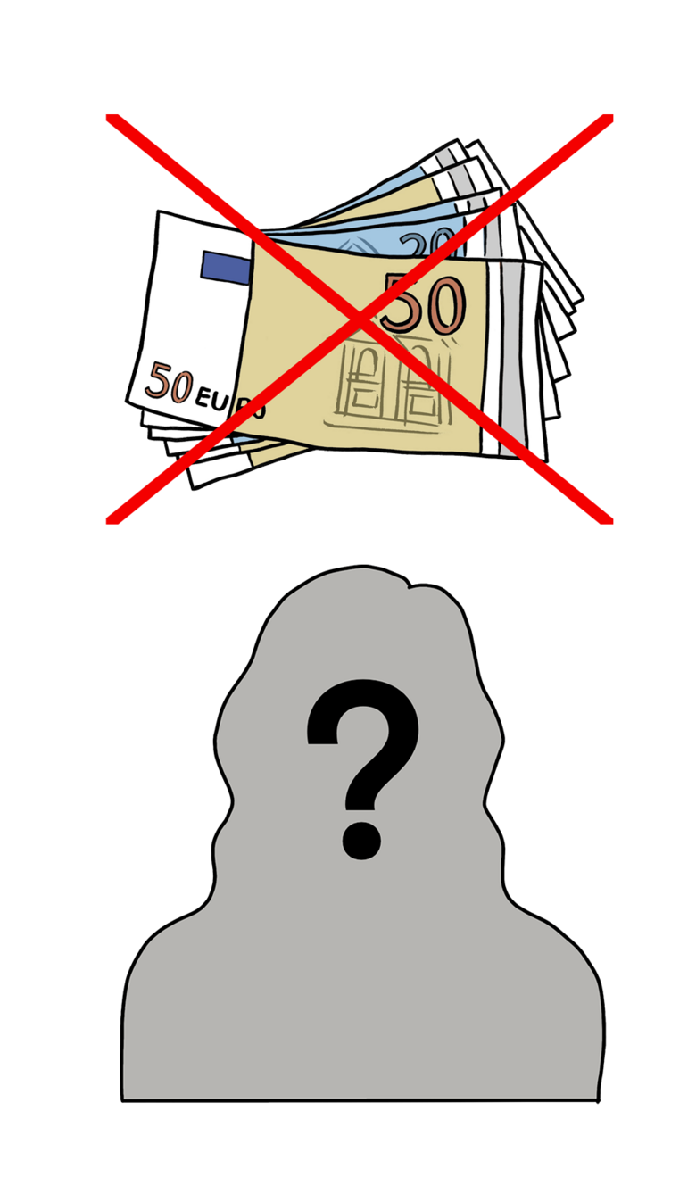 Grafik: Durchgestrichene Geldscheine, darunter ein grauer Umriss einer Person