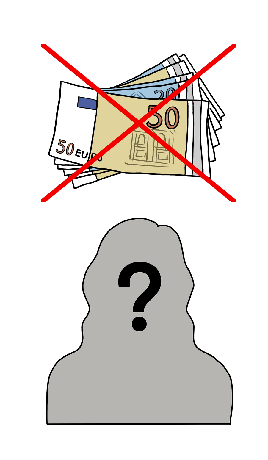 Grafik: Durchgestrichene Geldscheine, darunter ein grauer Umriss einer Person