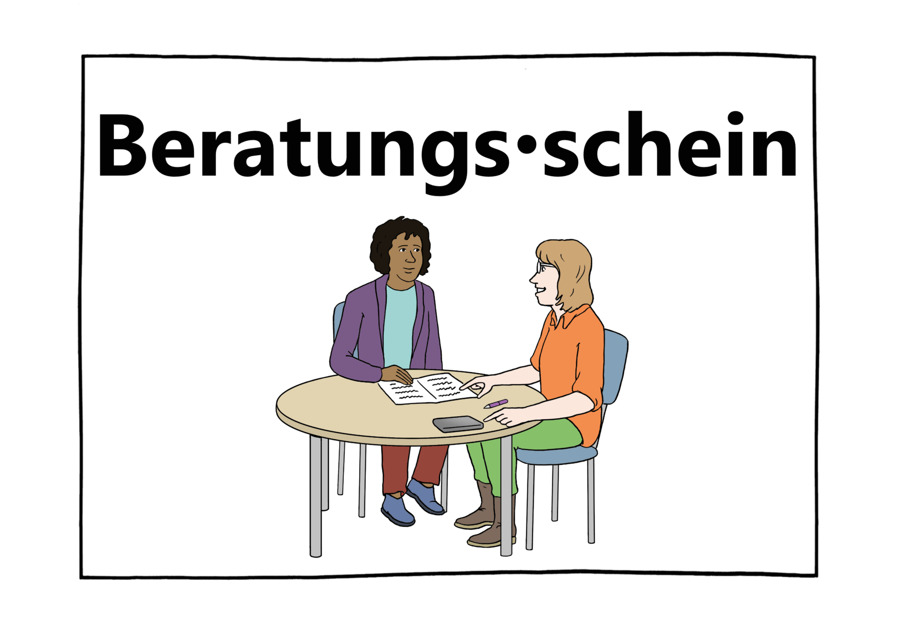 Grafik: Zwei Frauen am Tisch im Gespräch miteinander, darüber steht das Wort "Beratungsschein"