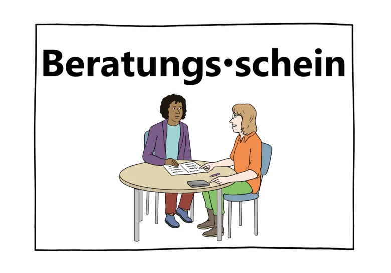 Grafik: Zwei Frauen in einer Beratungssituation. Darüber steht das Wort "Beratungsschein"