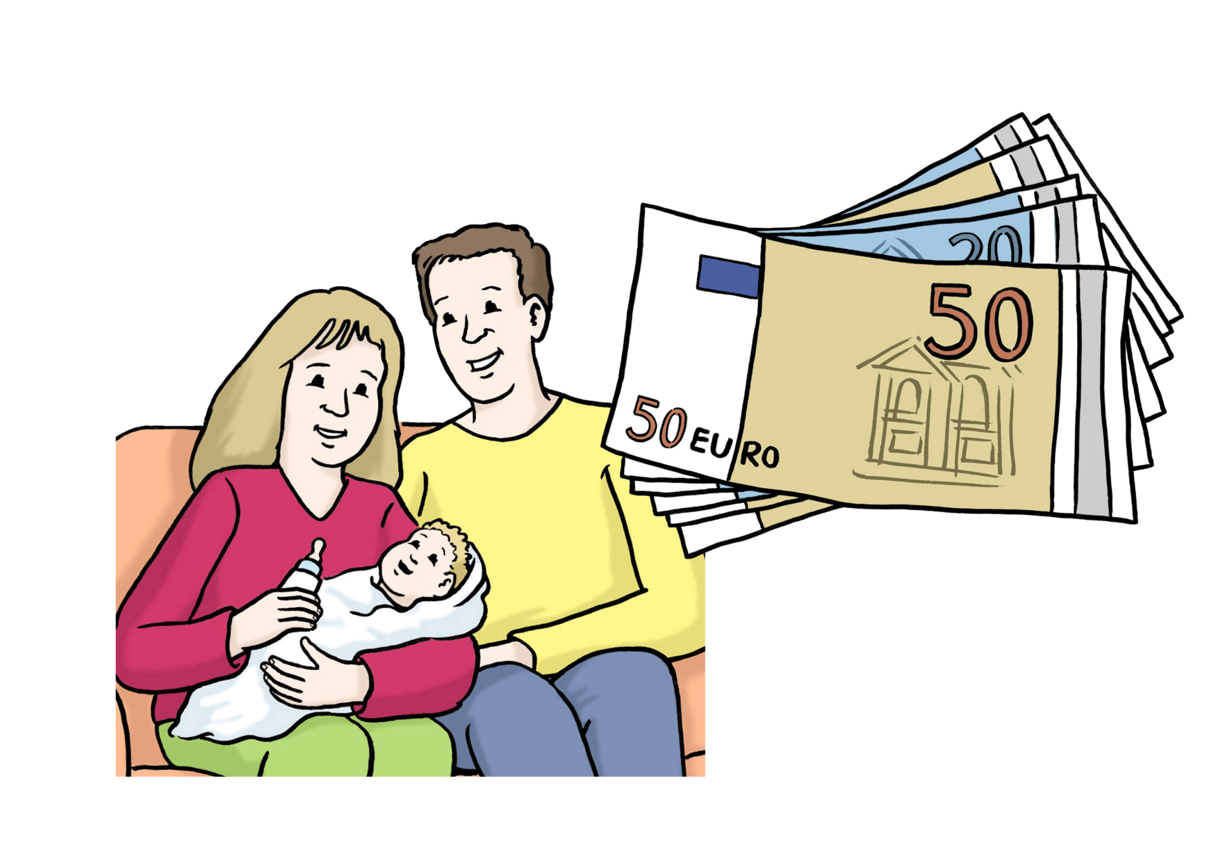 Grafik: Eltern mit Baby sitzen auf dem Sofa, daneben Abbildung von Geldscheinen
