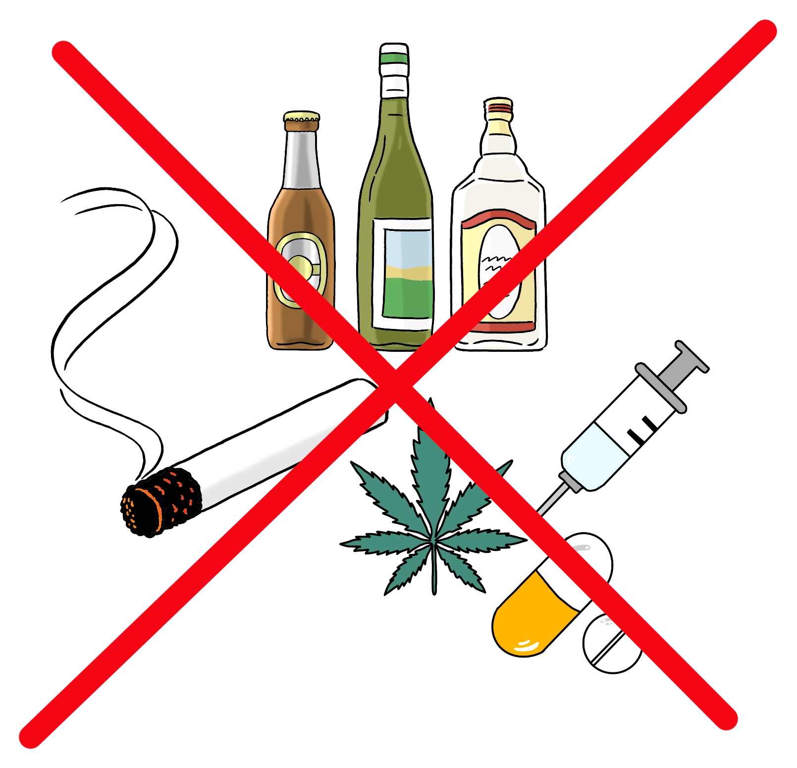 Grafik: Darstellung von Alkohol, Drogen, Zigaretten durchgestrichen