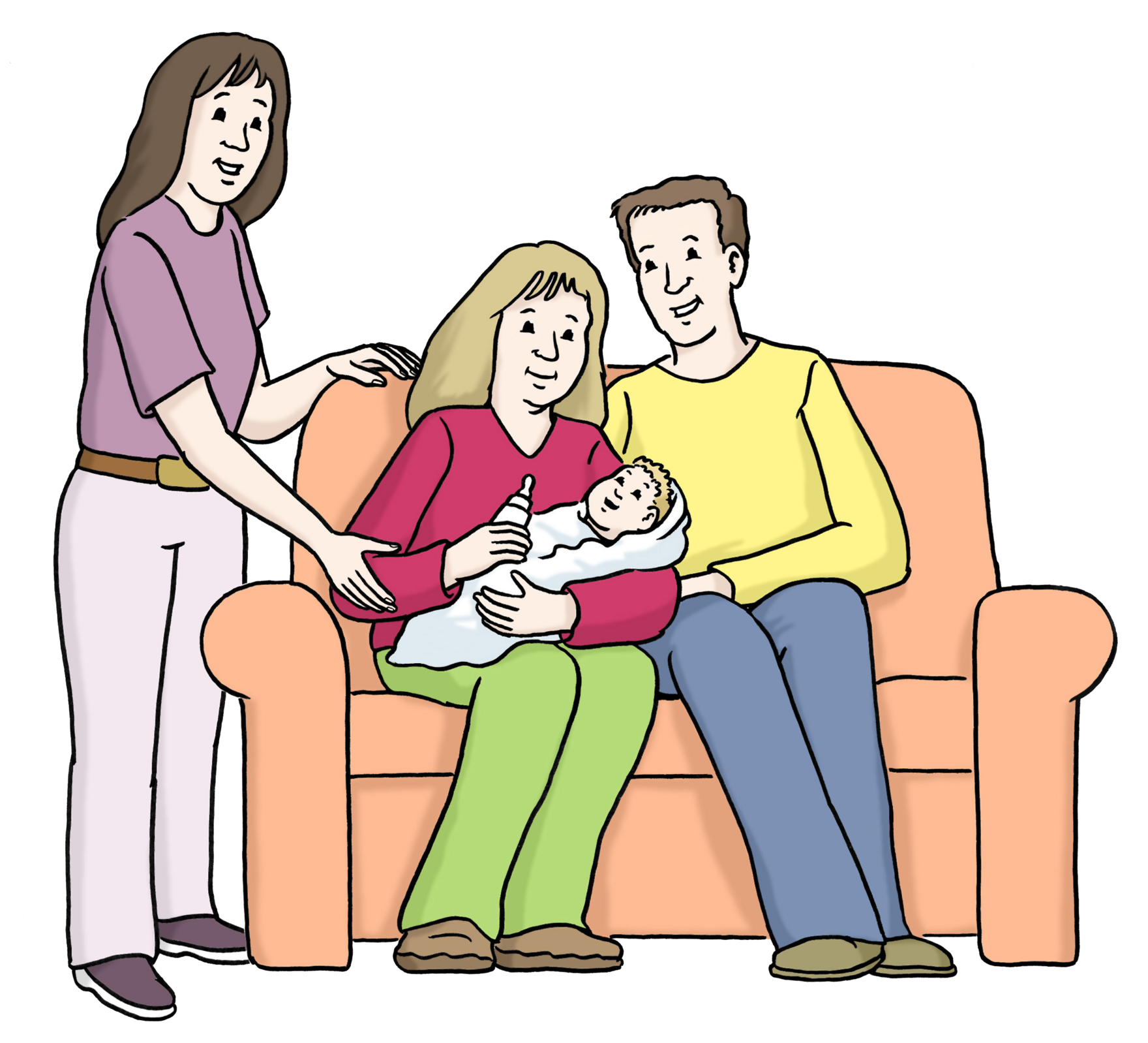 Grafik: Paar sitzt mit Baby auf dem Sofa, daneben steht helfend eine Frau