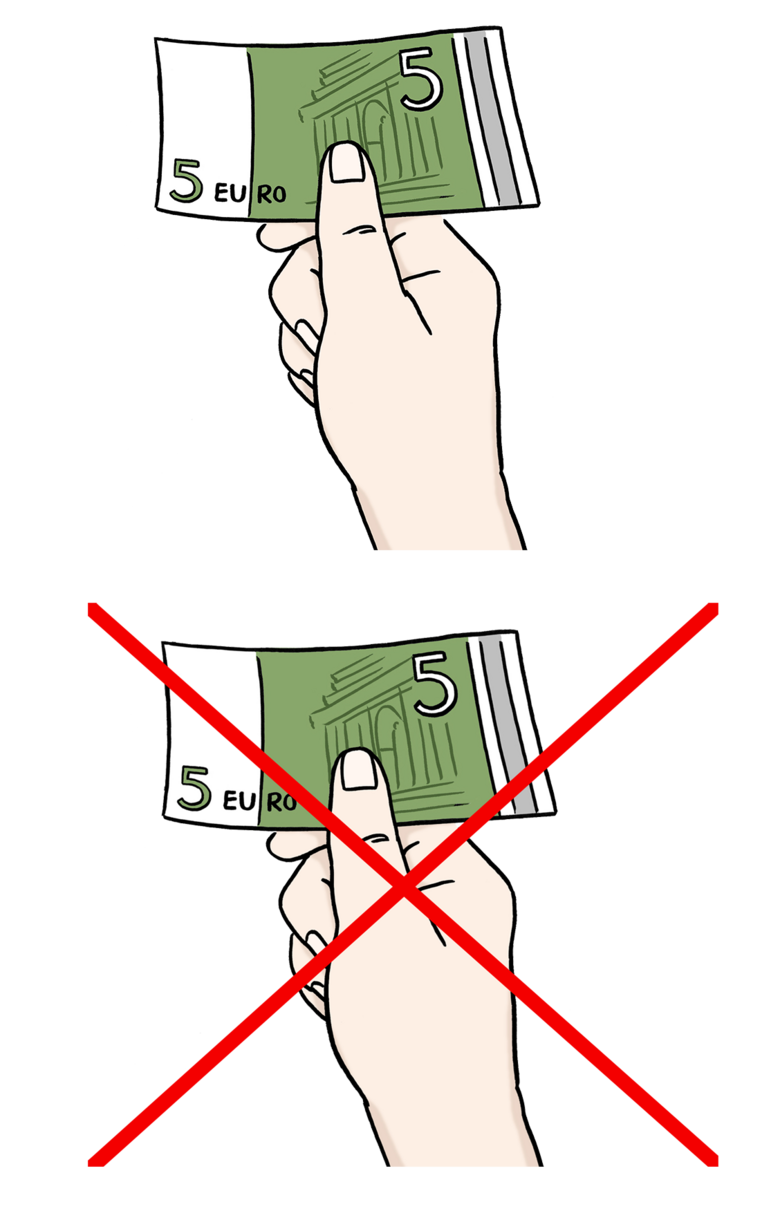 Grafik: Hand hält Geldscheine zwischen den Fingern, darunter gleiche Abbildung, jedoch durchgestrichen