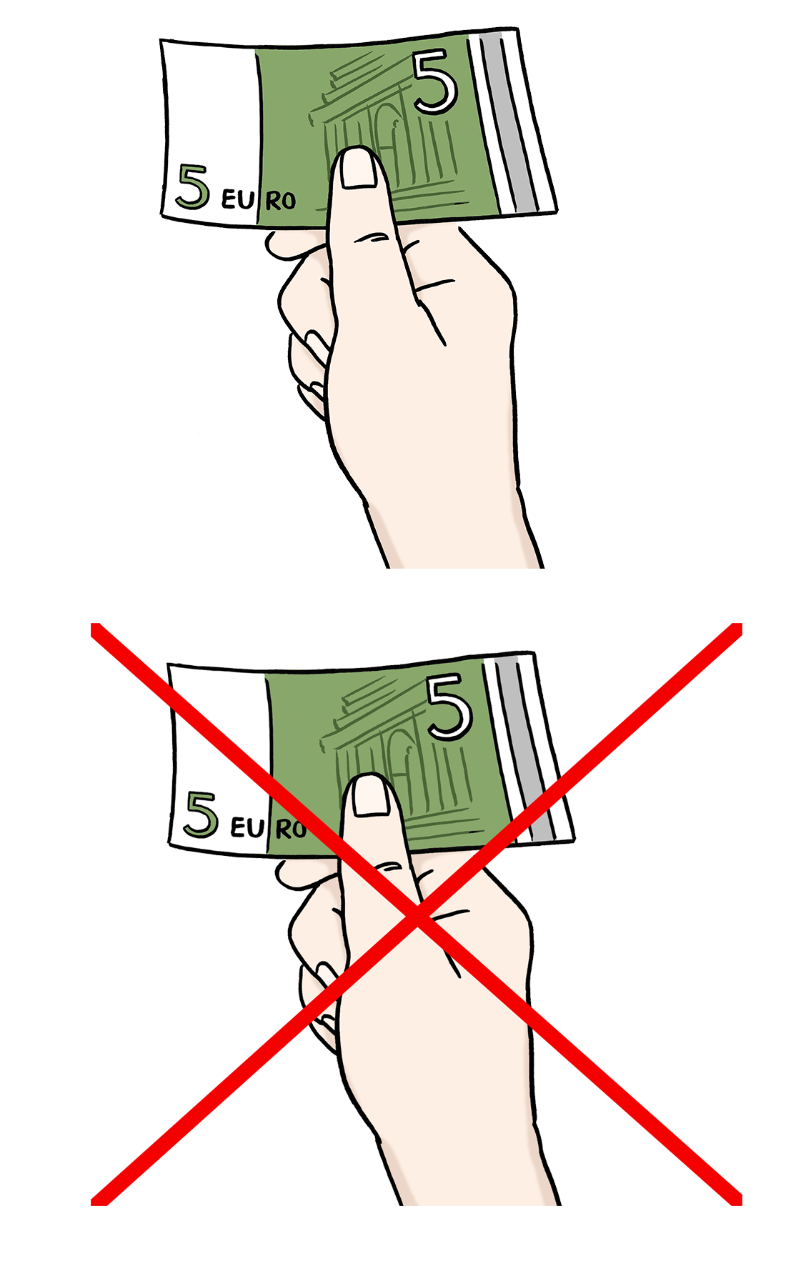 Grafik: Hand hält Geldscheine zwischen den Fingern, darunter gleiche Abbildung, jedoch durchgestrichen