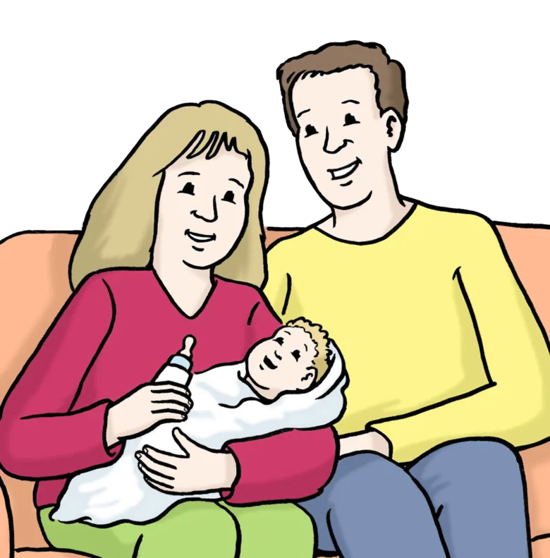 Grafik: Frau und Mann sitzen auf einem Sofa. Die Frau hält ein Baby im Arm.